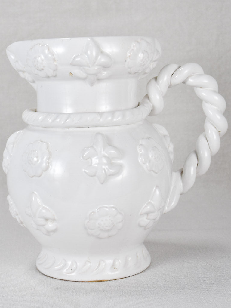 Large 1960s Émile Tessier white ceramic pitcher with fleur de lys 10¼"