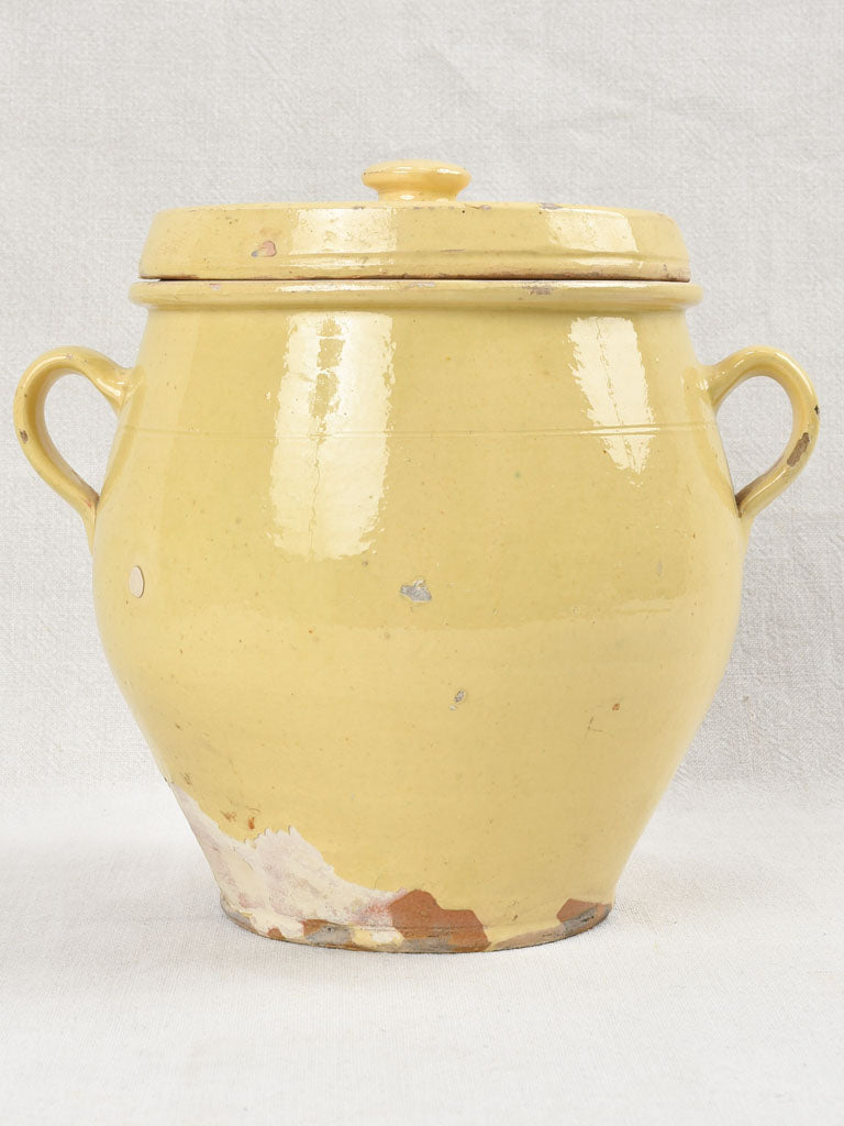 Antique French lidded preserving pot with yellow glaze 10¼"