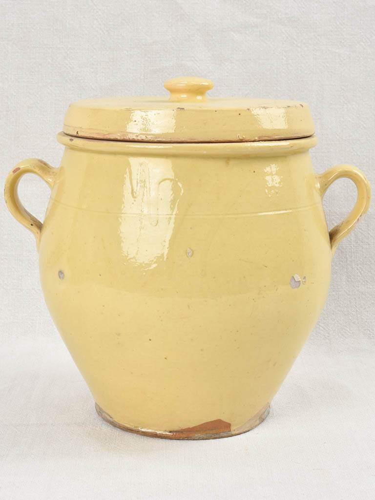 Antique French lidded preserving pot with yellow glaze 10¼"