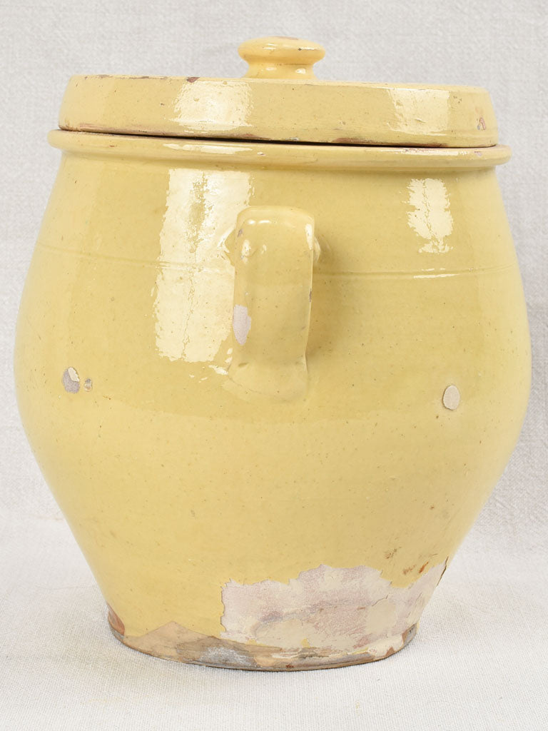 Antique French lidded preserving pot with yellow glaze 10¼"