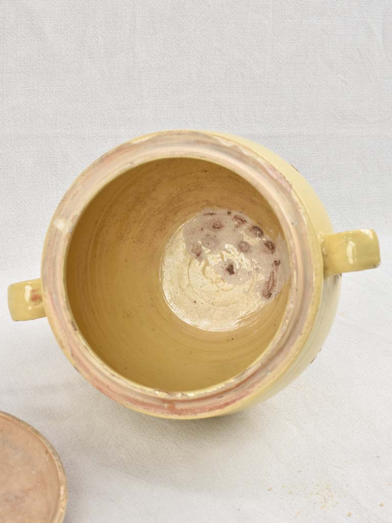 Antique French lidded preserving pot with yellow glaze 10¼"