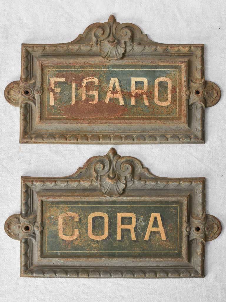 2 horse name plates Figaro & Cora 19th century 11½" x 19"