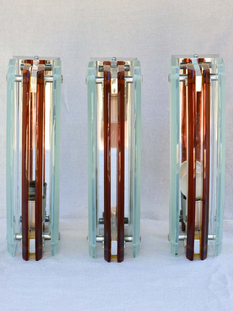 Set of three amber and pale blue glass wall sconces from the 1970's 13"