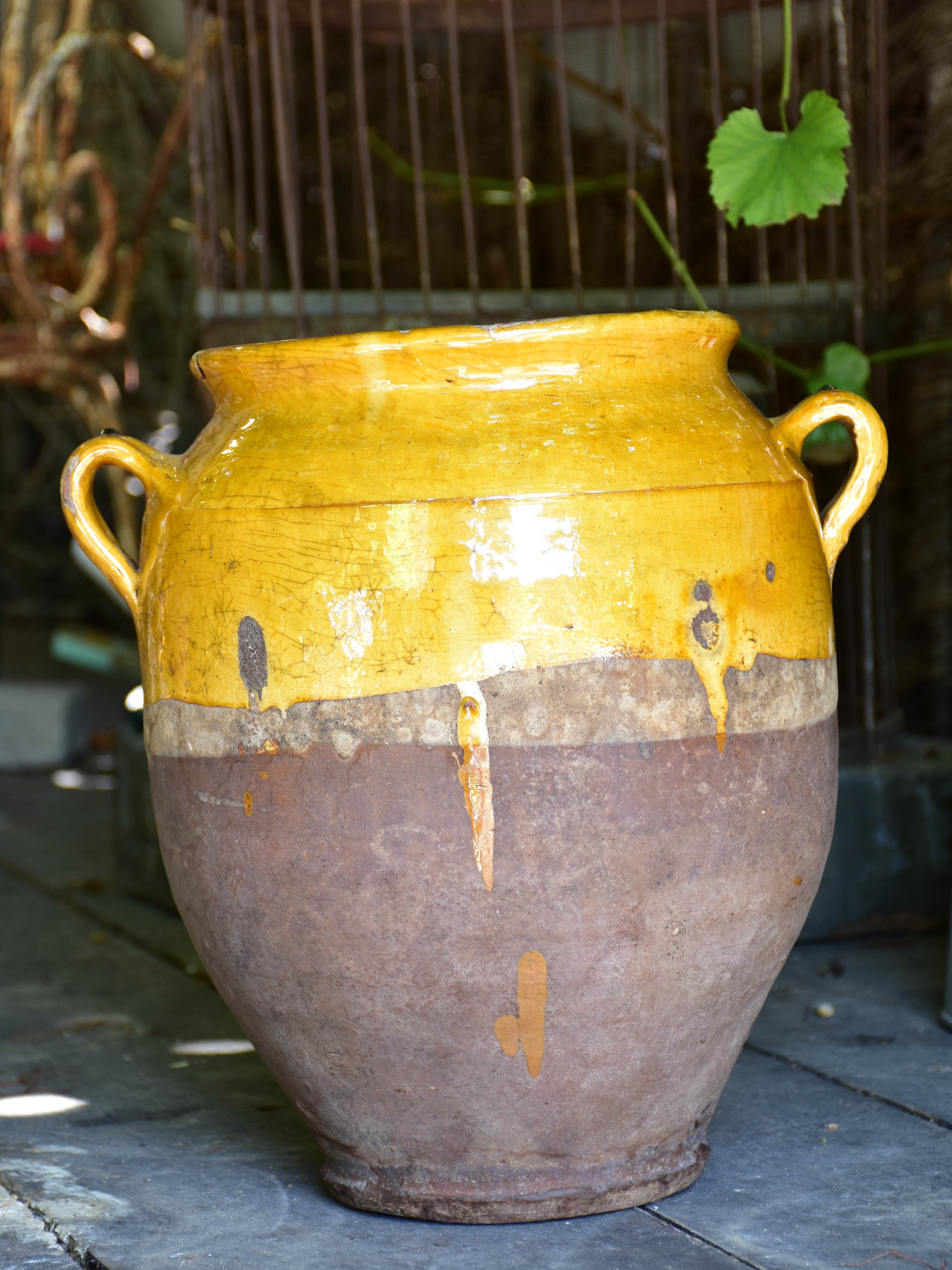 Large 19th century confit pot with ochre glaze