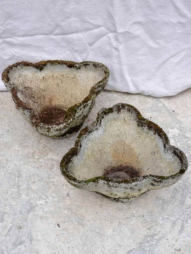 Pair of weathered 1960's garden planters with curved edges