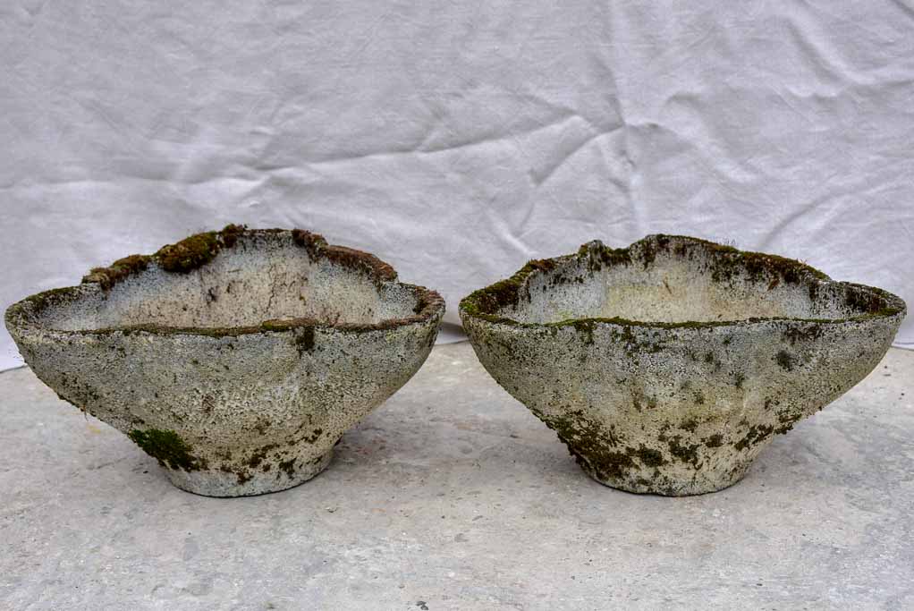 Pair of weathered 1960's garden planters with curved edges