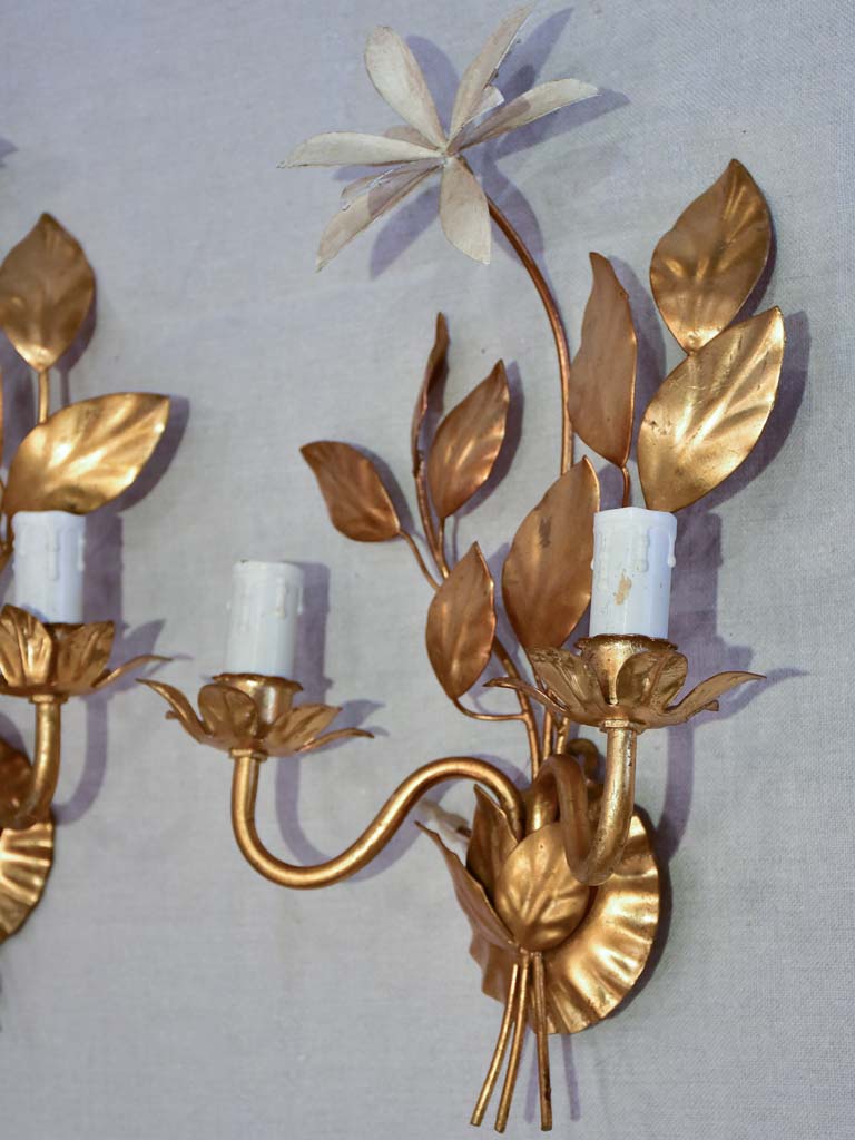 Pair of 1970's / 80's wall appliques with gold foliage and beige leaves 15¾"