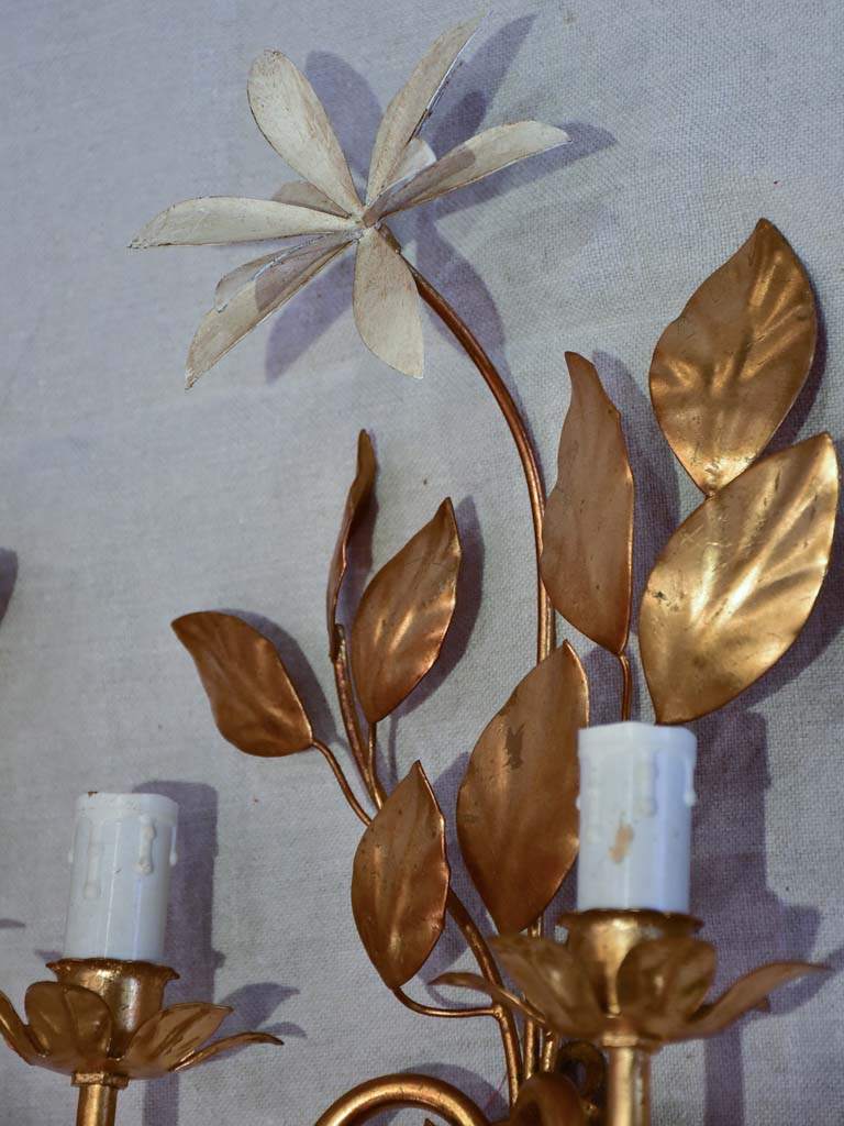 Pair of 1970's / 80's wall appliques with gold foliage and beige leaves 15¾"