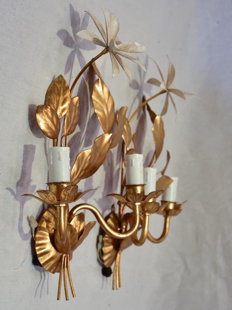 Pair of 1970's / 80's wall appliques with gold foliage and beige leaves 15¾"