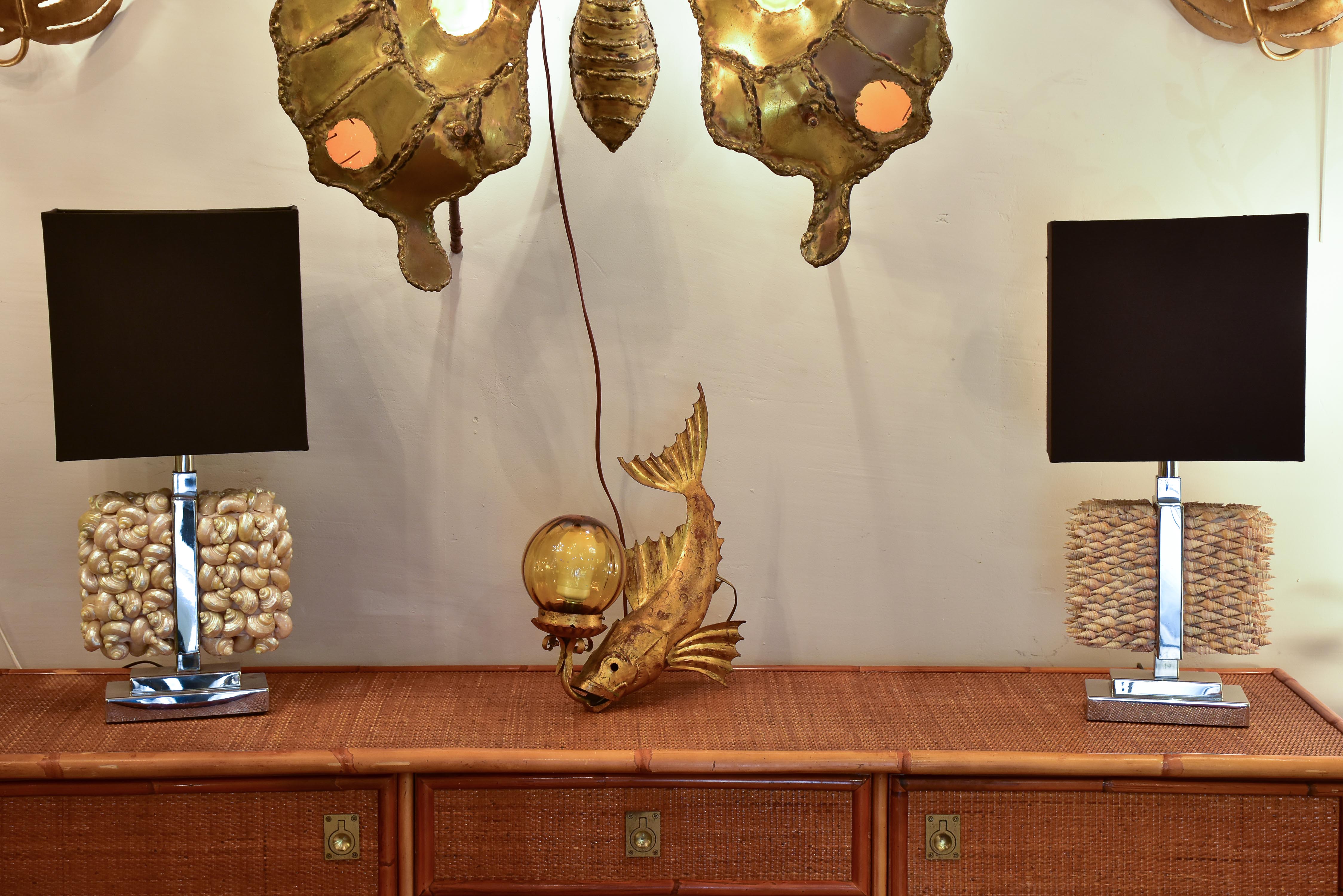 Two modern rectangular table lamps with seashell bases