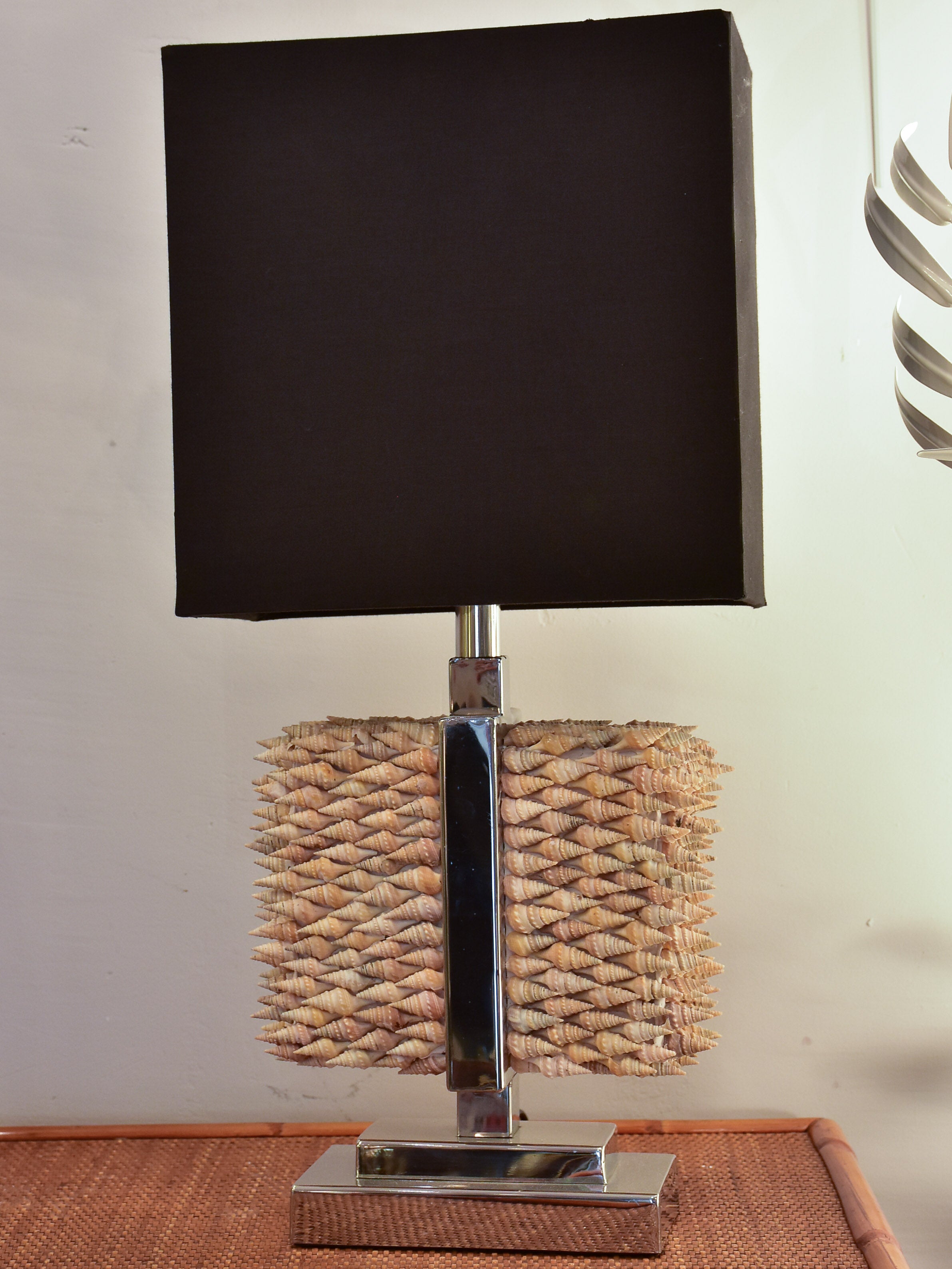 Two modern rectangular table lamps with seashell bases