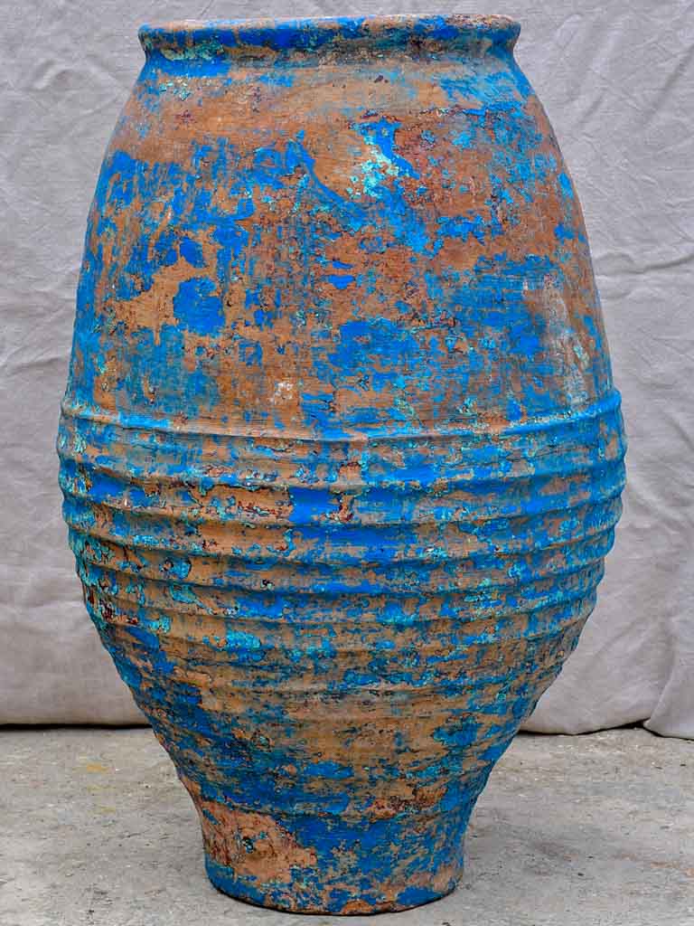 Very large antique Spanish olive oil jar with blue patina 35¾"