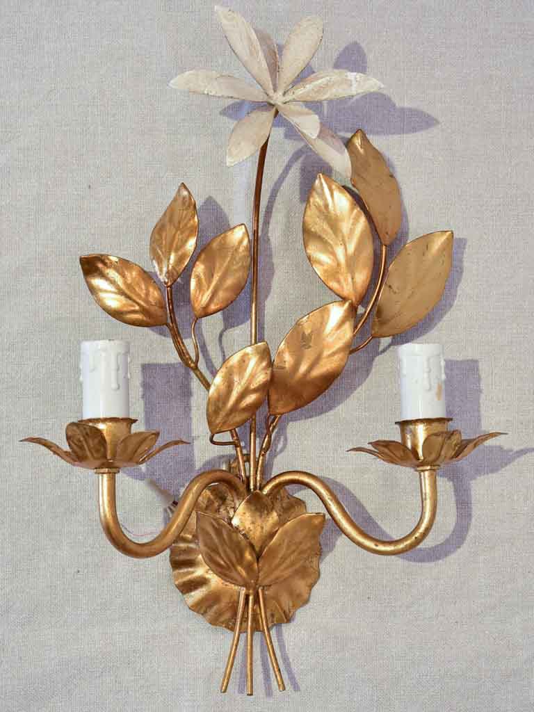 Pair of 1970's / 80's wall appliques with gold foliage and beige leaves 15¾"