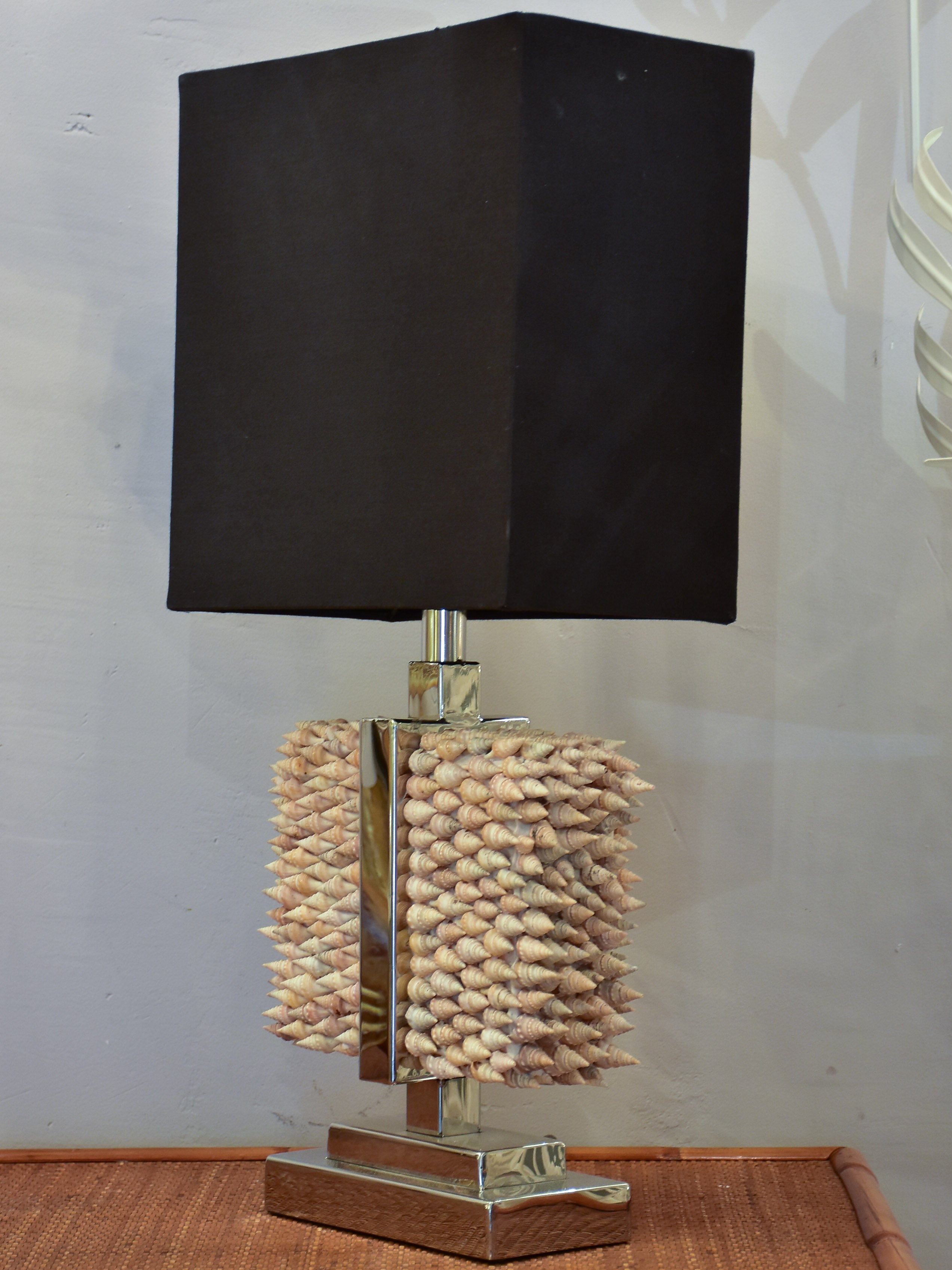 Two modern rectangular table lamps with seashell bases