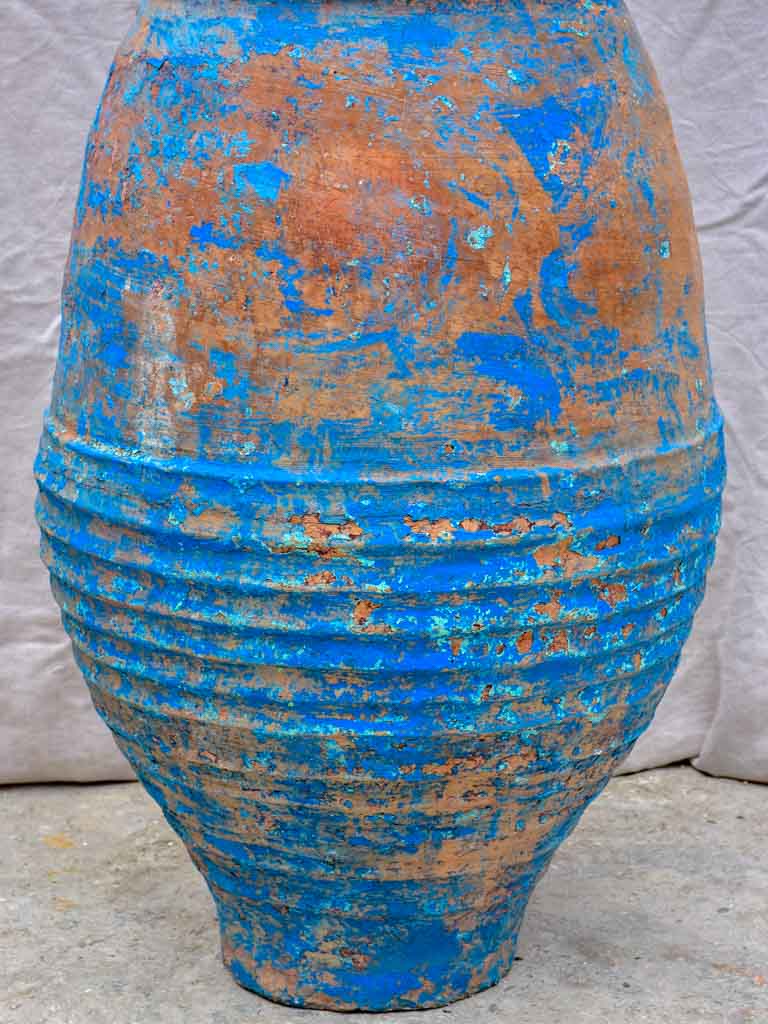 Very large antique Spanish olive oil jar with blue patina 35¾"