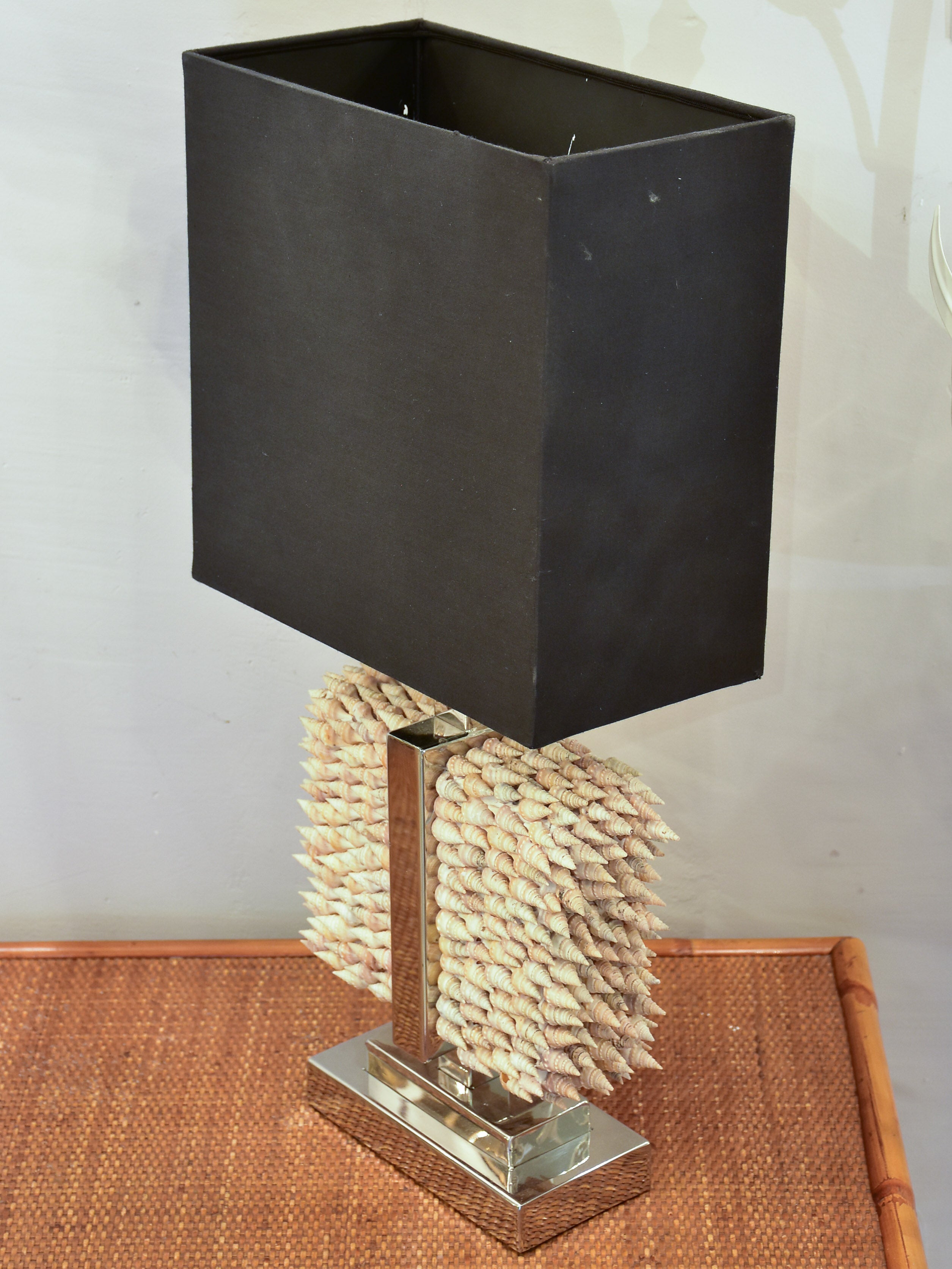 Two modern rectangular table lamps with seashell bases