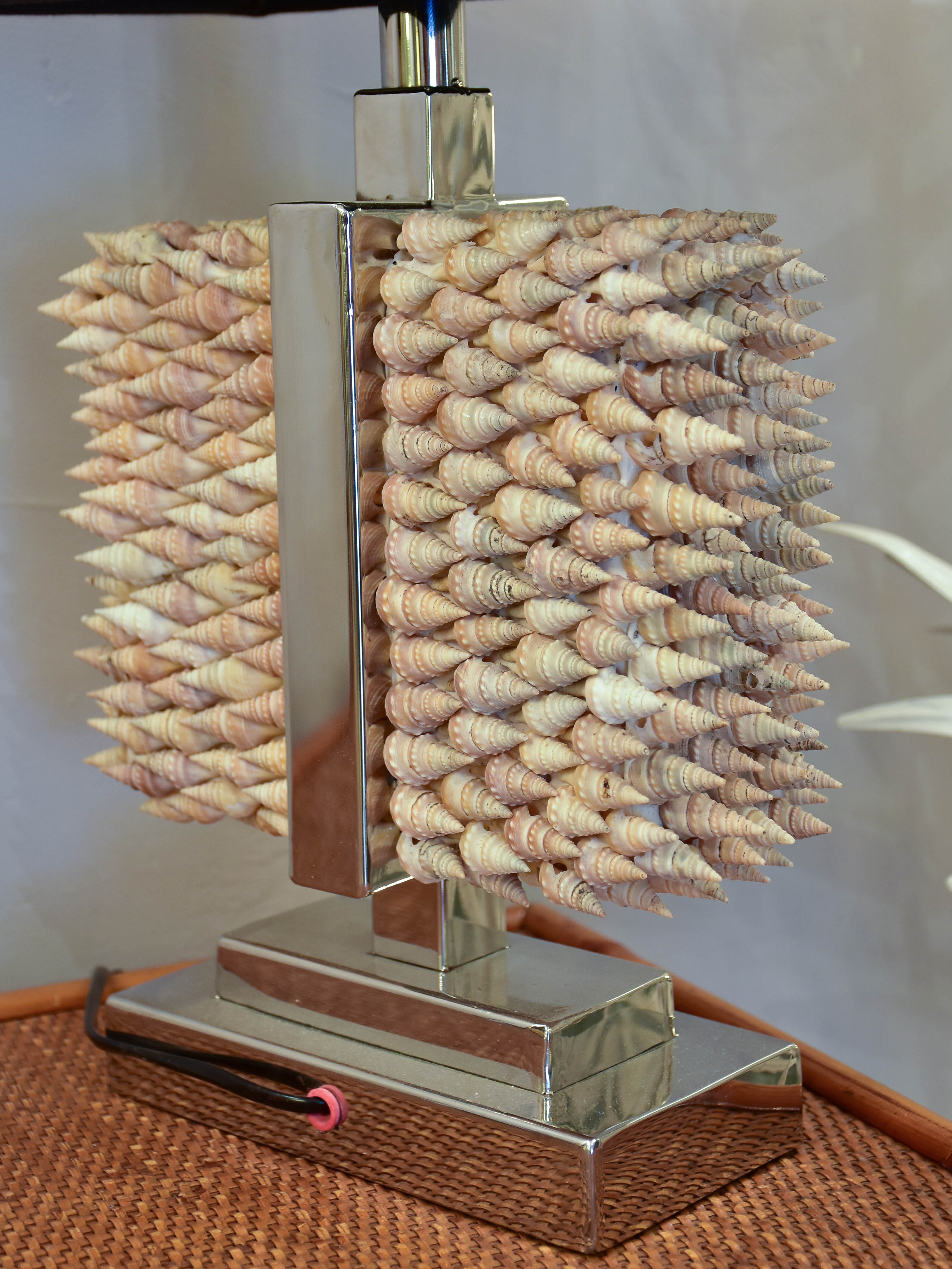 Two modern rectangular table lamps with seashell bases