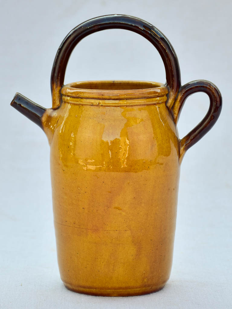 Small vintage Dieulefit pitcher with two handles - ochre and brown