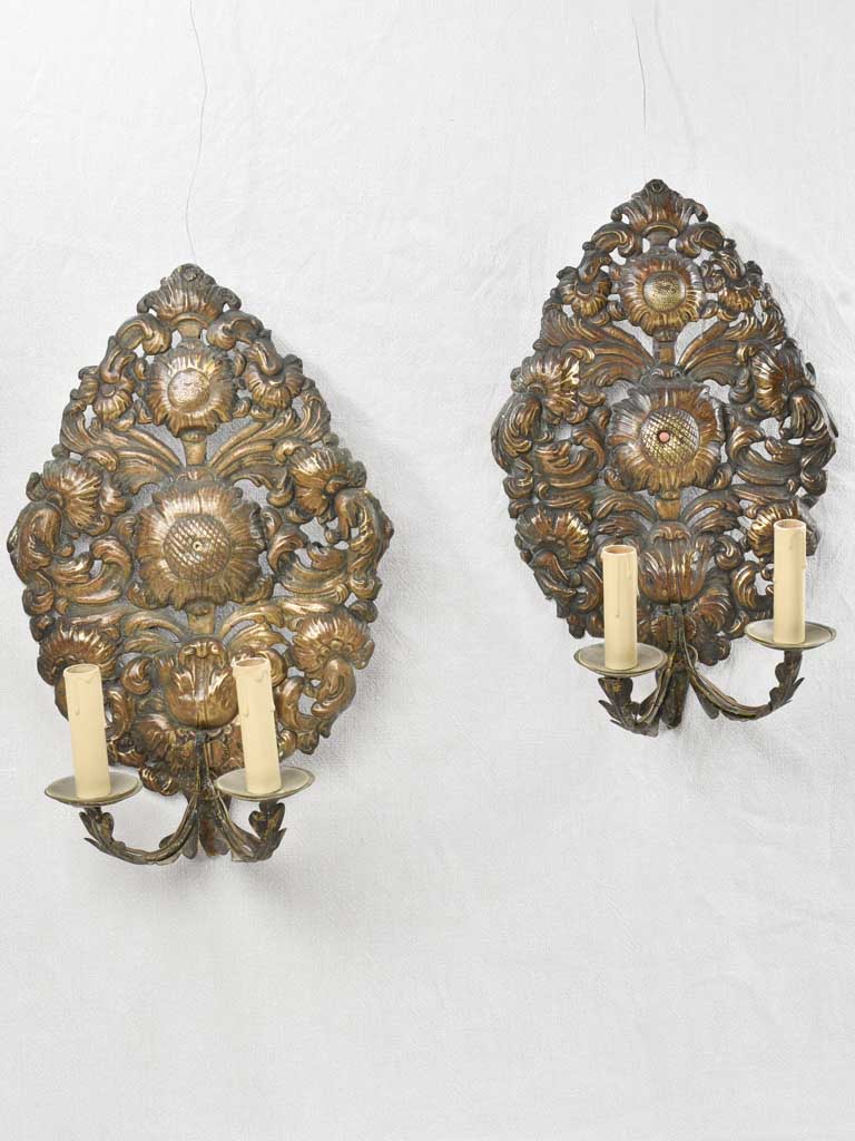 Remarkable old French brass wall sconces