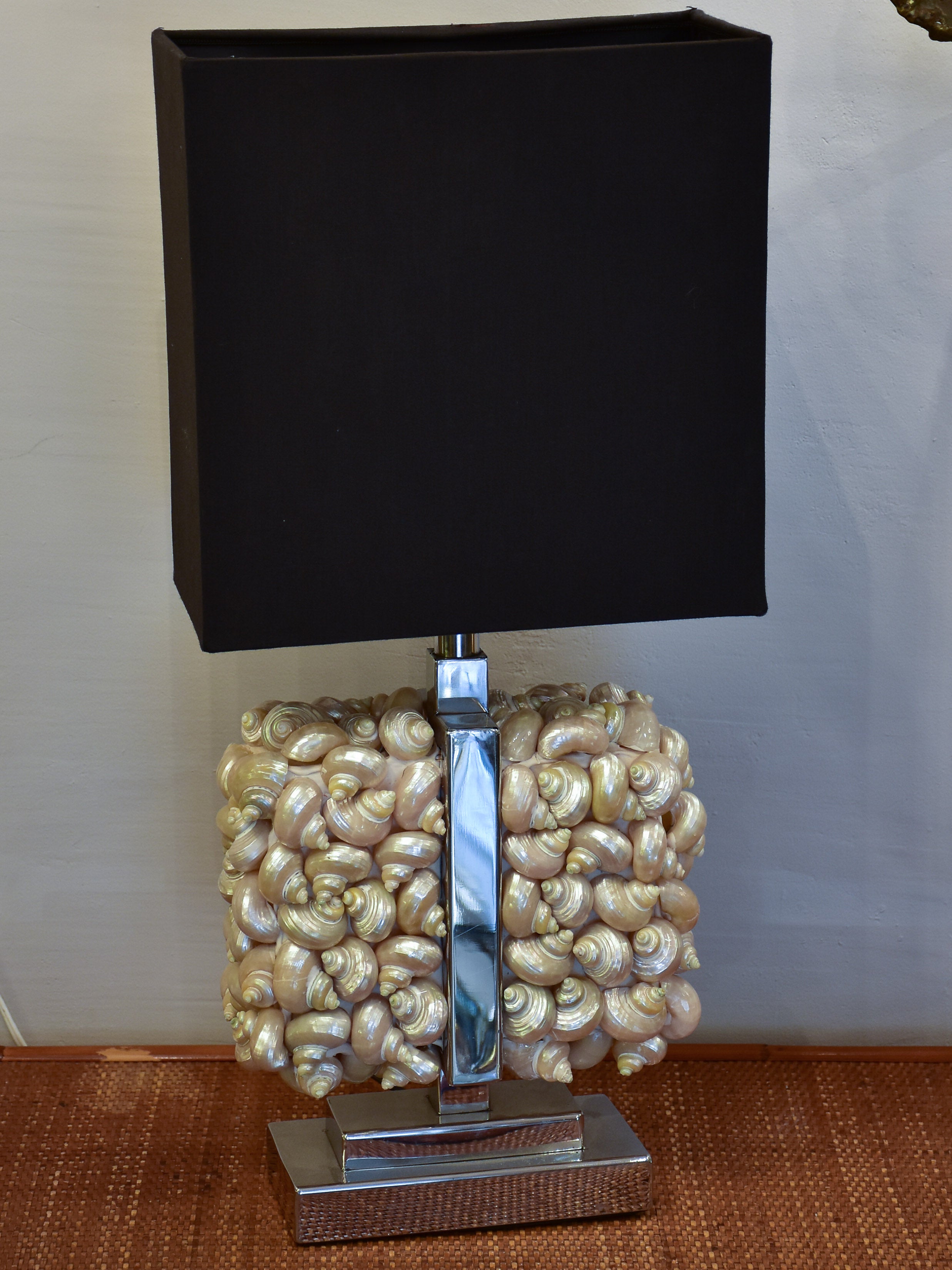 Two modern rectangular table lamps with seashell bases