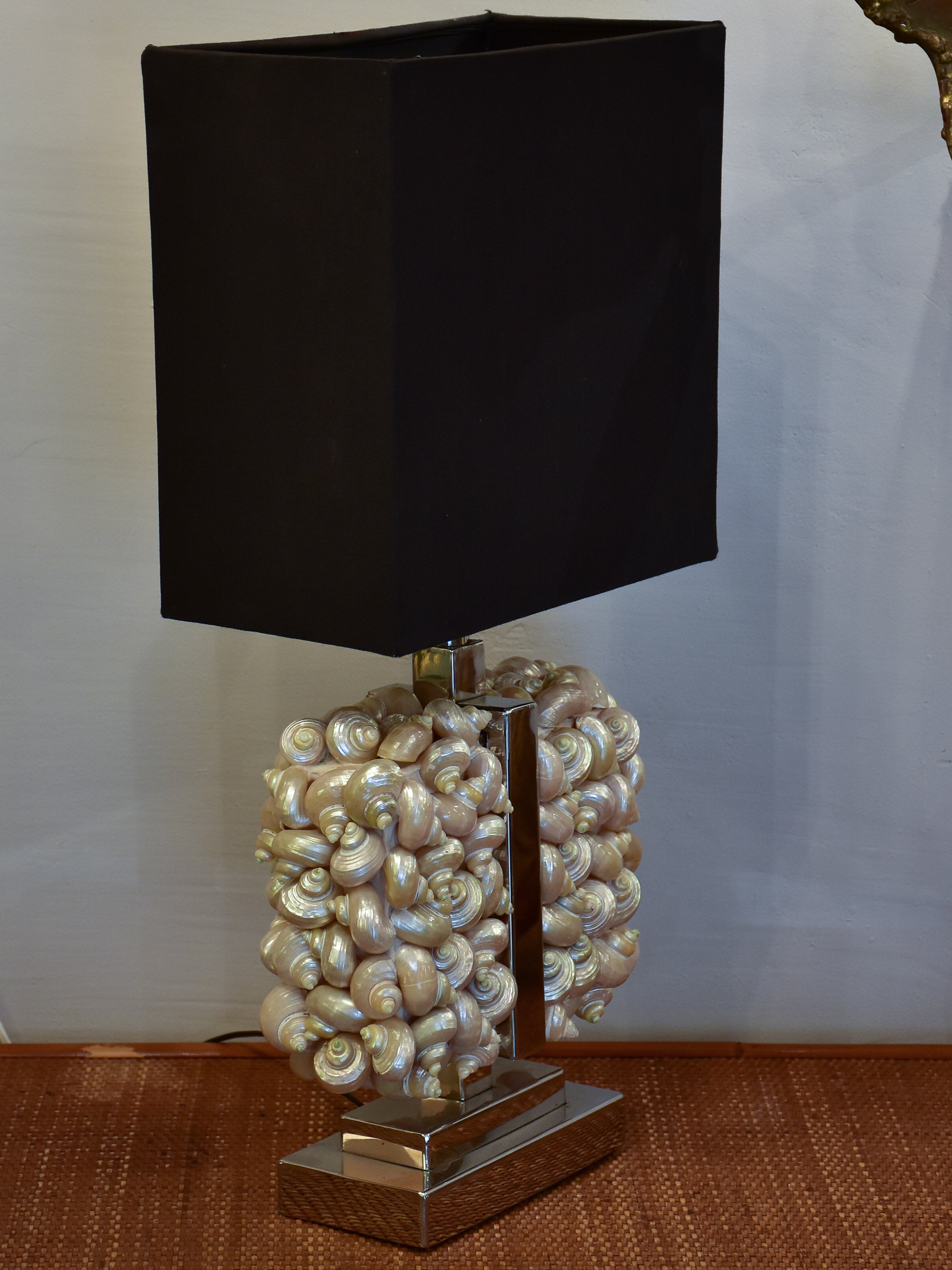 Two modern rectangular table lamps with seashell bases