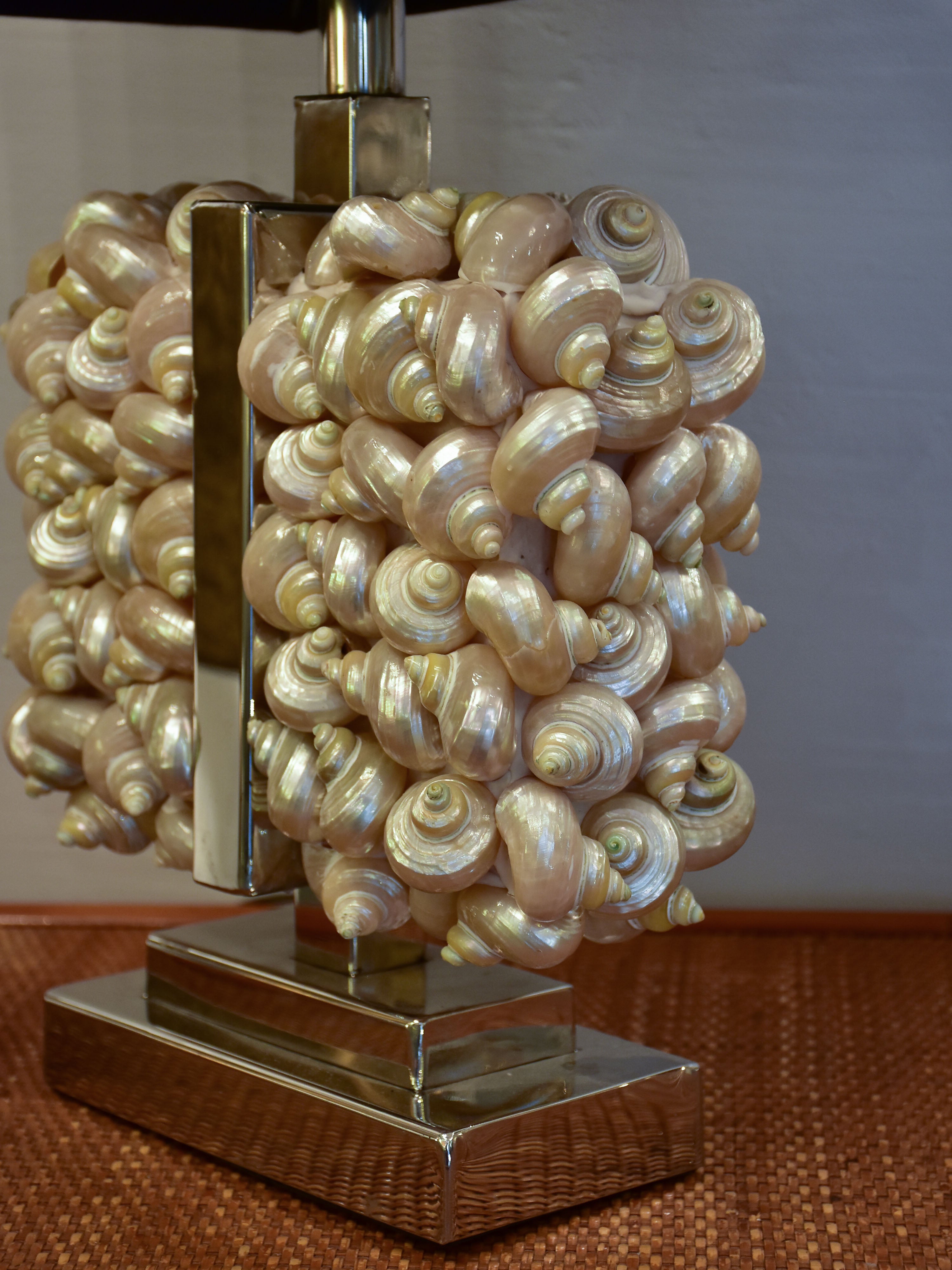 Two modern rectangular table lamps with seashell bases