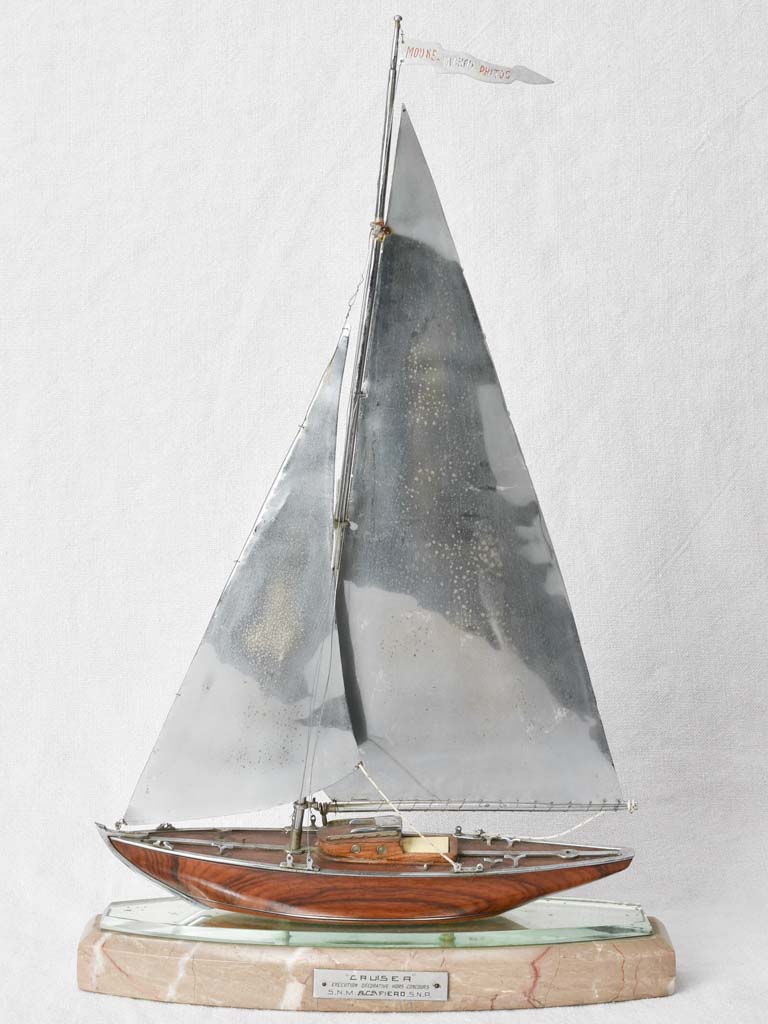 1930s model sailboat, nickle plated & mahogany 20"