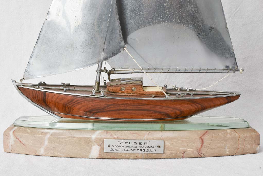 1930s model sailboat, nickle plated & mahogany 20"