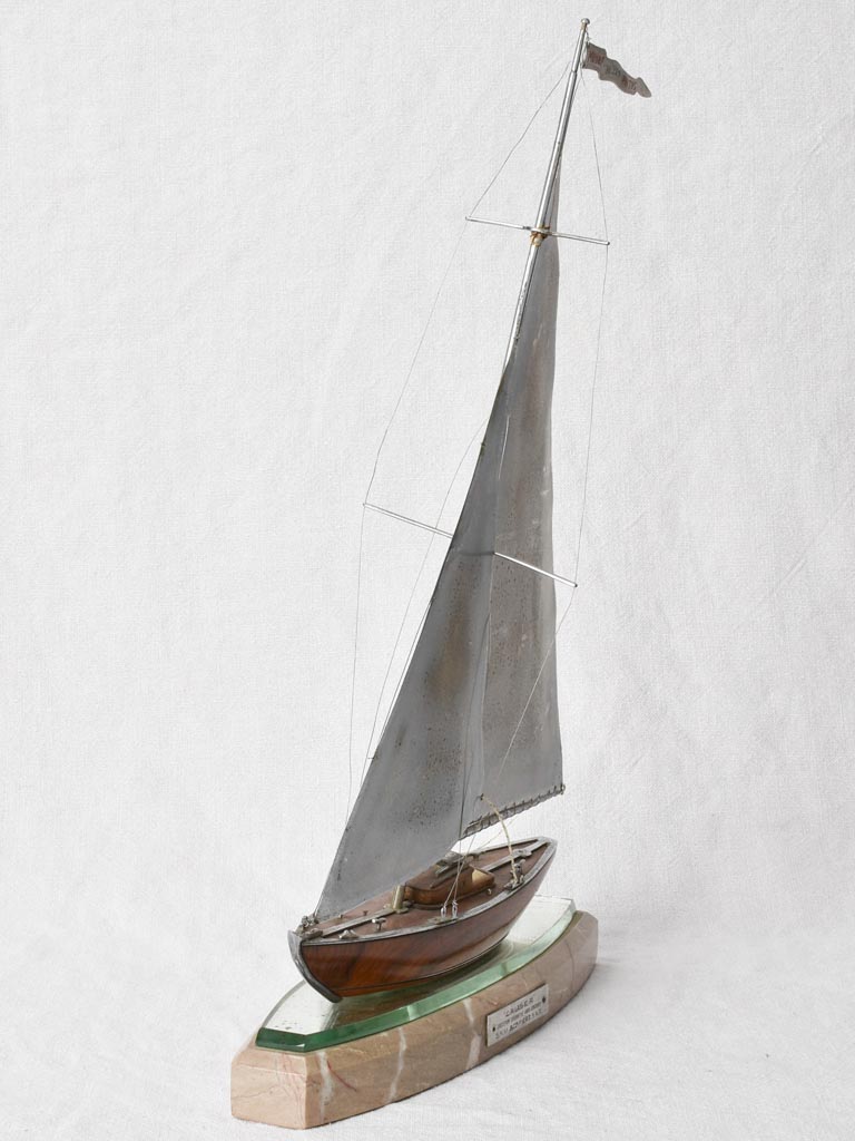 1930s model sailboat, nickle plated & mahogany 20"