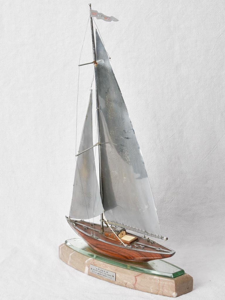 1930s model sailboat, nickle plated & mahogany 20"