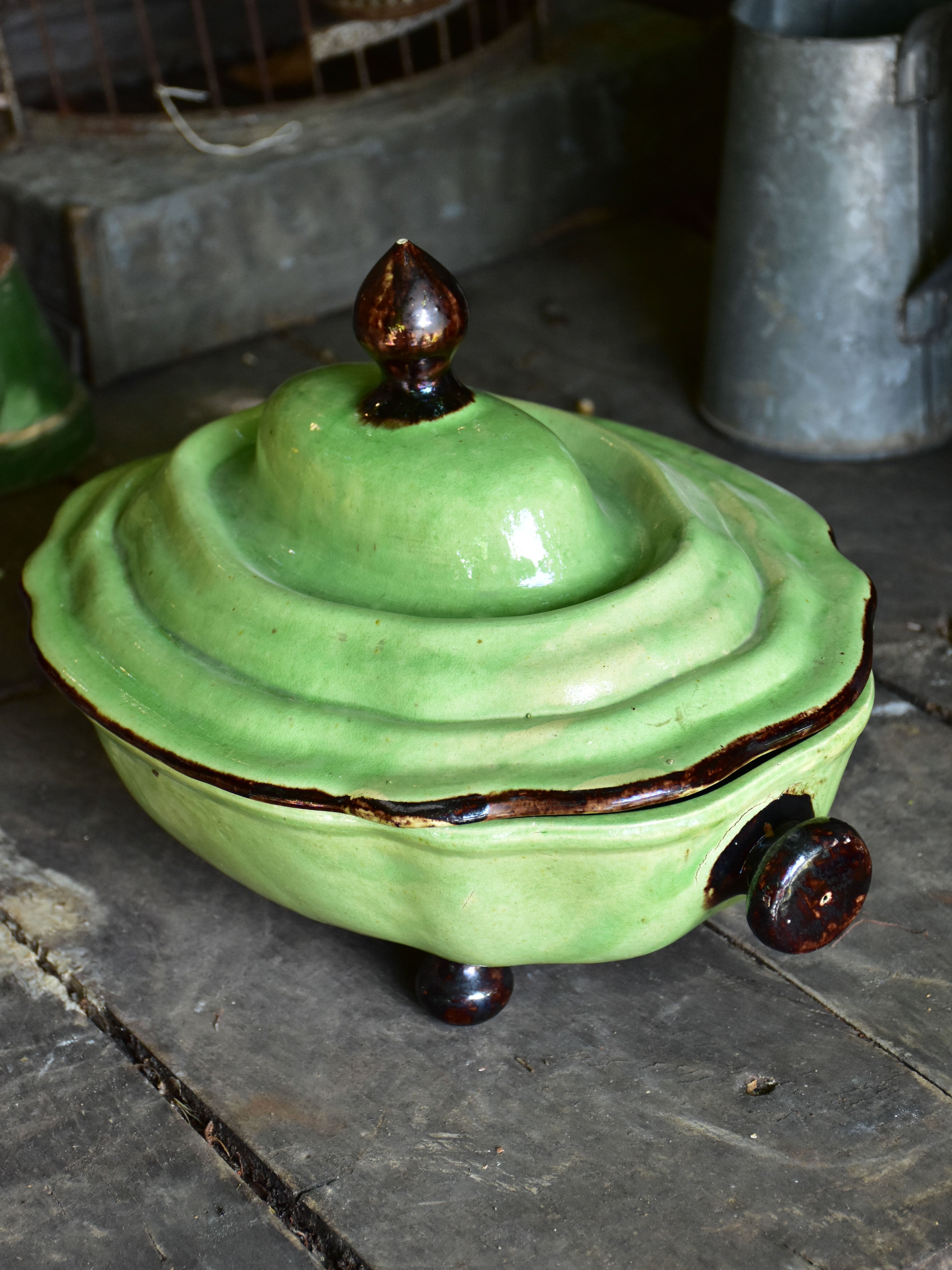 Large antique soup tureen with green glaze from Dieulefit