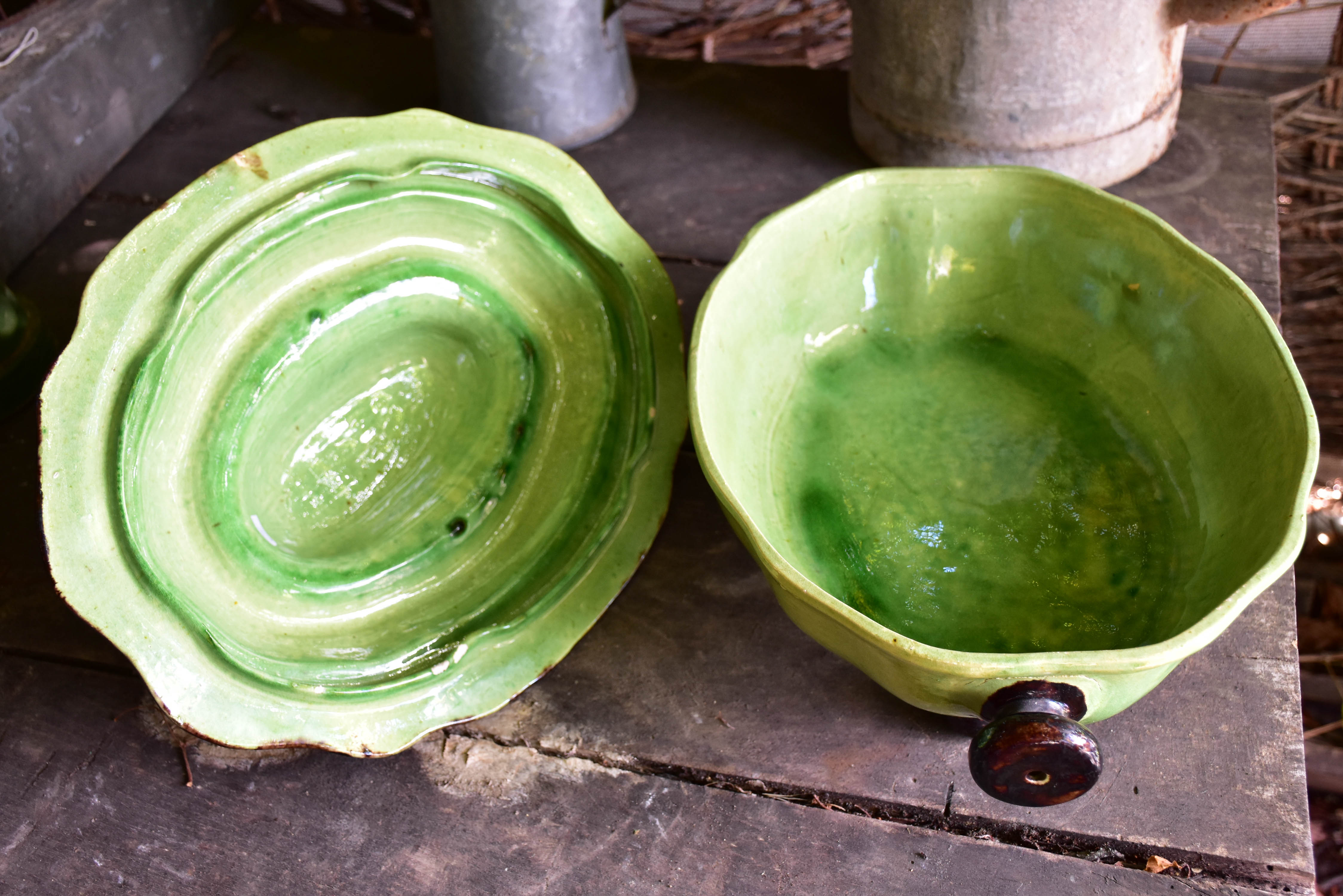 Large antique soup tureen with green glaze from Dieulefit