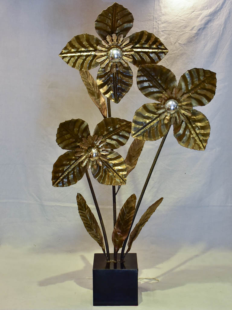 Very large vintage lamp with three large brass flowers 52¼"