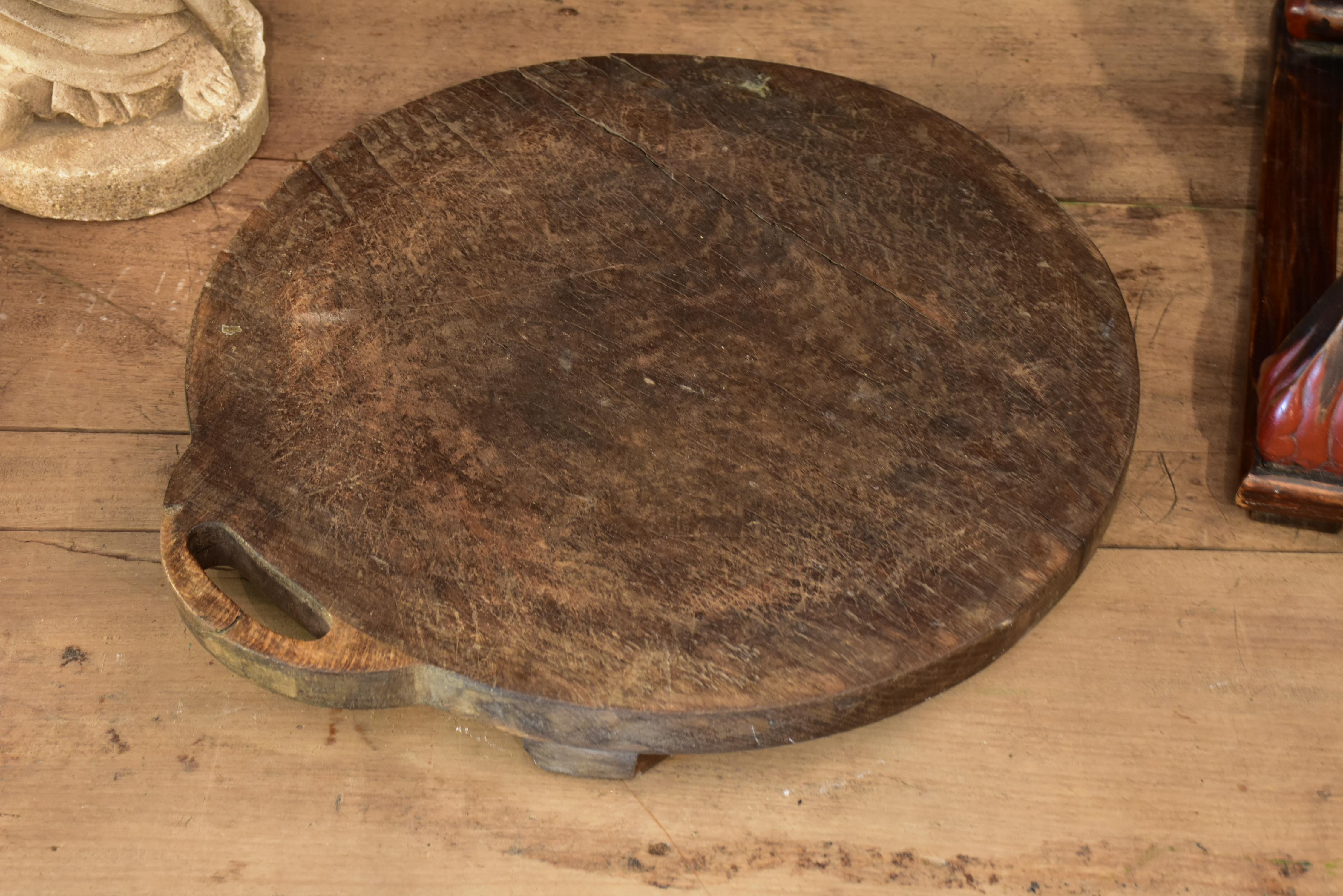 Large antique round cutting board with handle