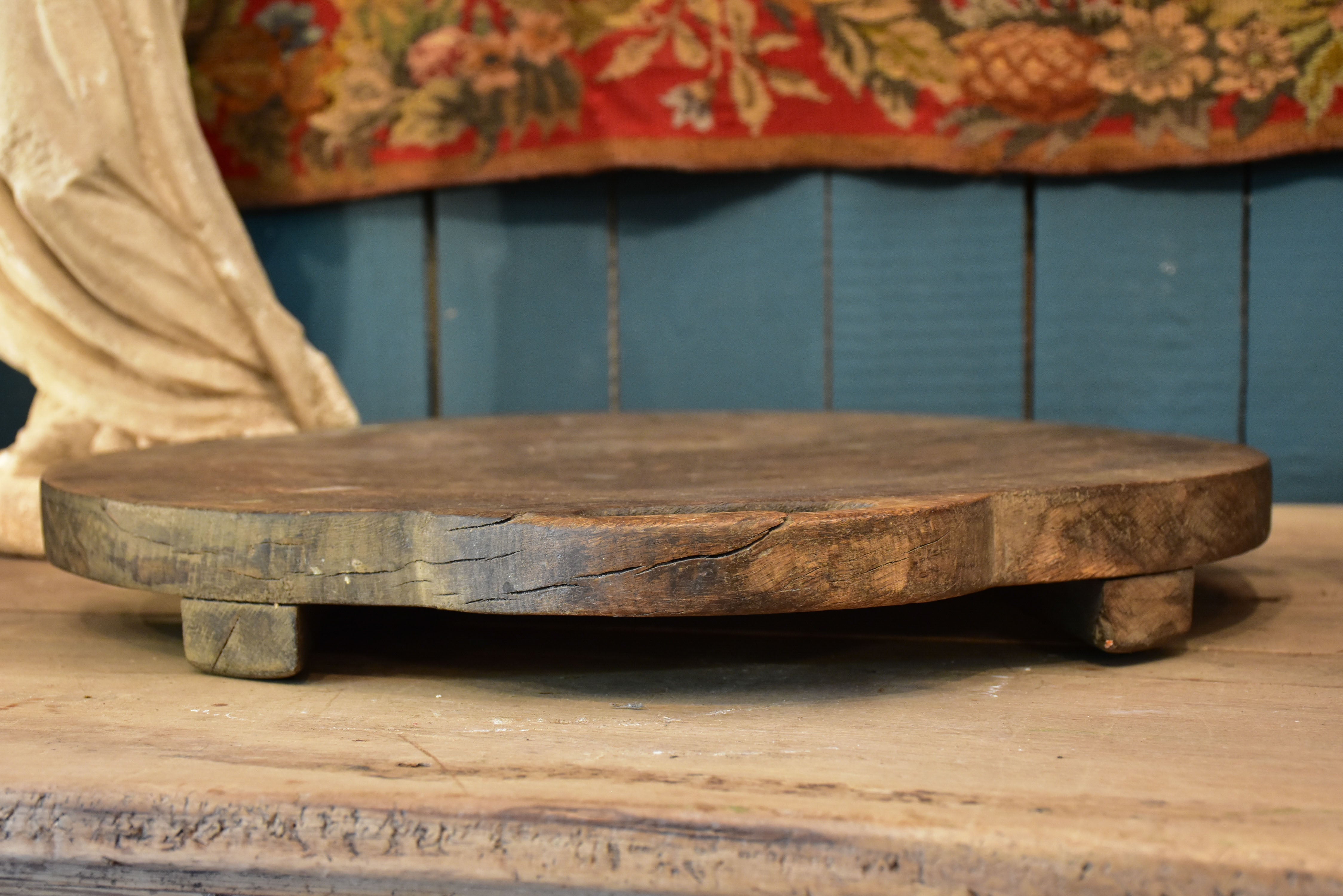 Large antique round cutting board with handle