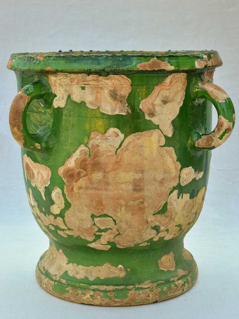 Large nineteenth-century French Castelnaudary planter with four handles and green glaze 21¾"