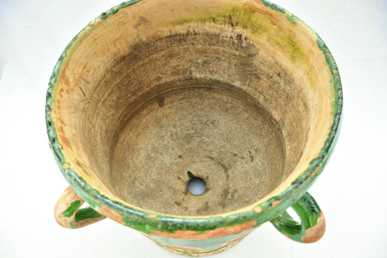 Large nineteenth-century French Castelnaudary planter with four handles and green glaze 21¾"