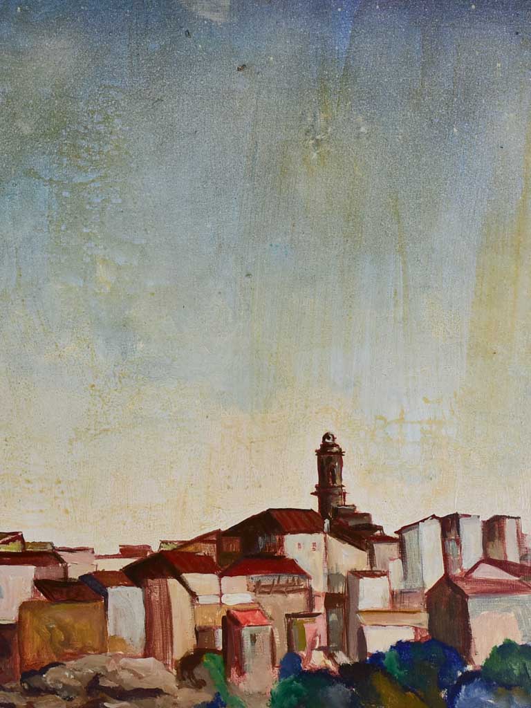 Oil on canvas painting of village rooftops - Albert Paires 1973 29½" x 37½"