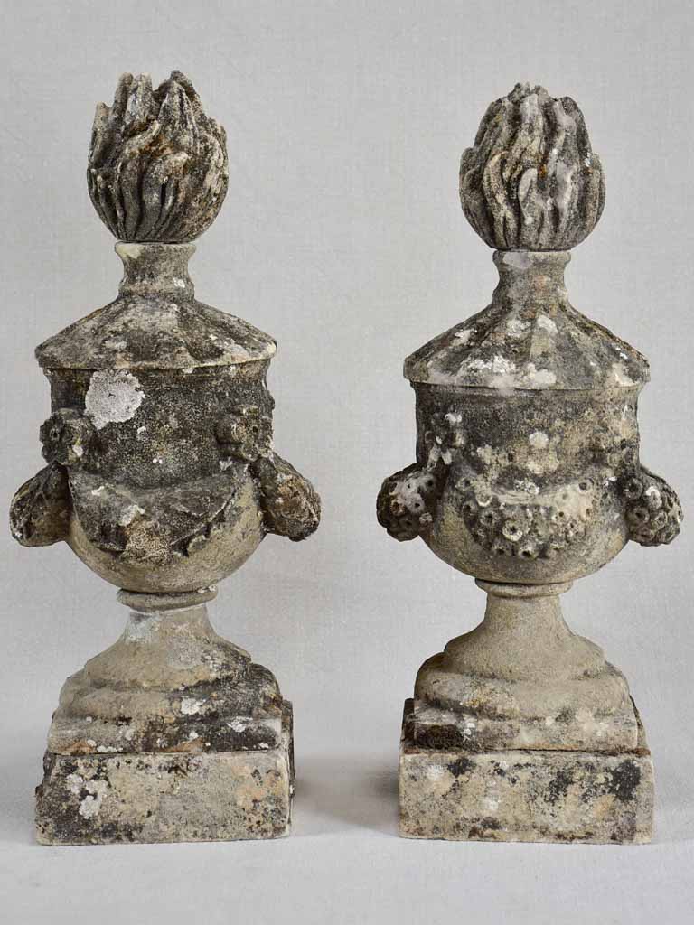 Pair of stone architectural ornaments from the 19th century - pot a feu 17"