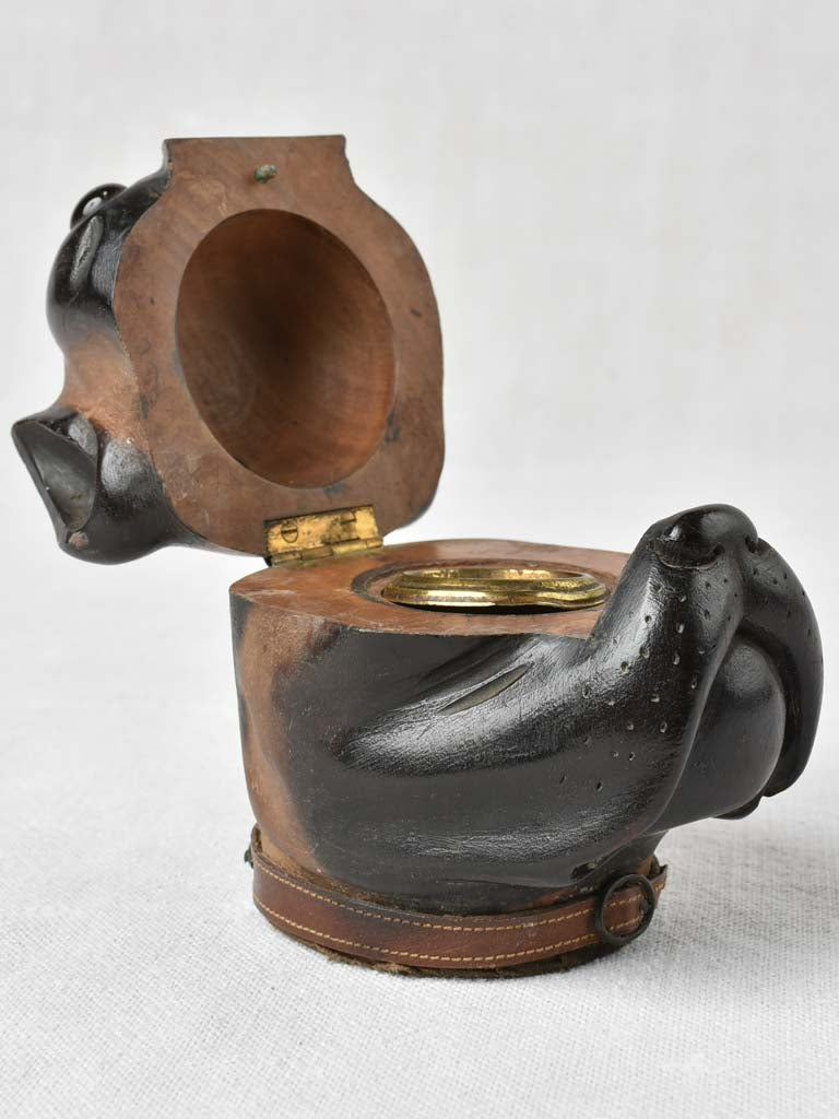 Antique wooden bulldog inkwell with collar