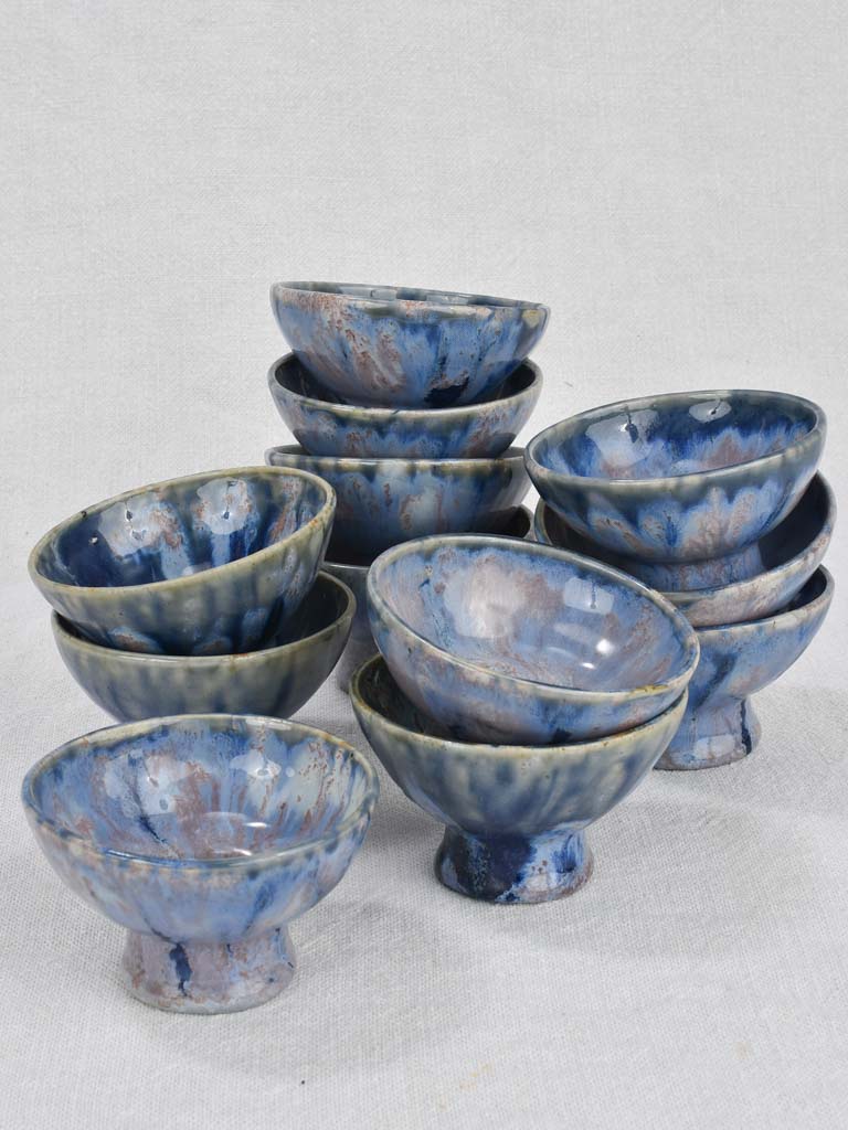 12 vintage ceramic bowls with blue glaze 3½"