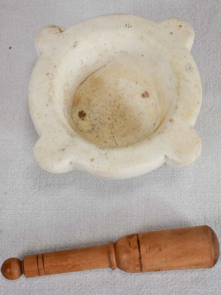 Antique French marble mortar with wooden pestle 7"