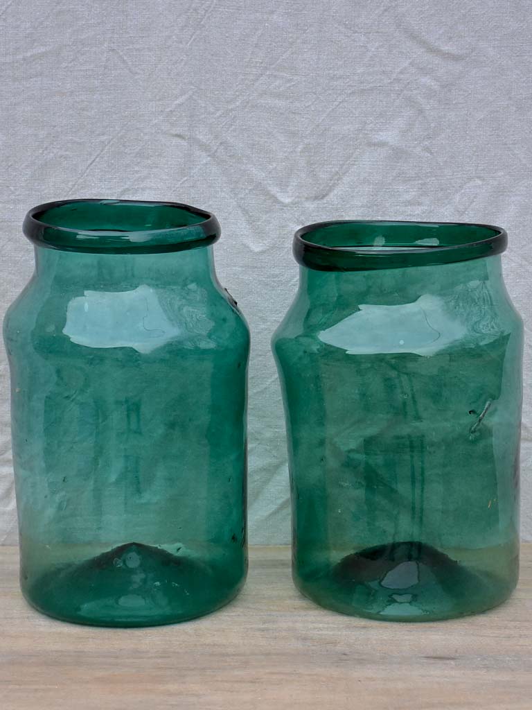 Pair of very large antique French preserving jars - blue green