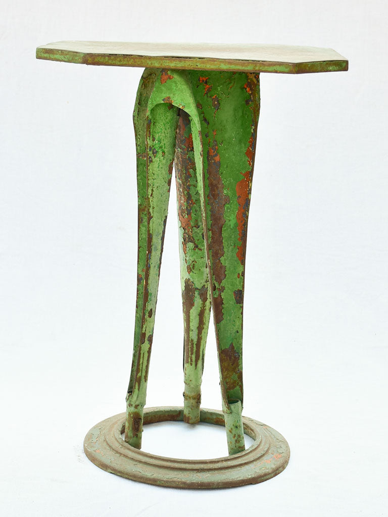 Square industrial bistro table from 1927 with green patina