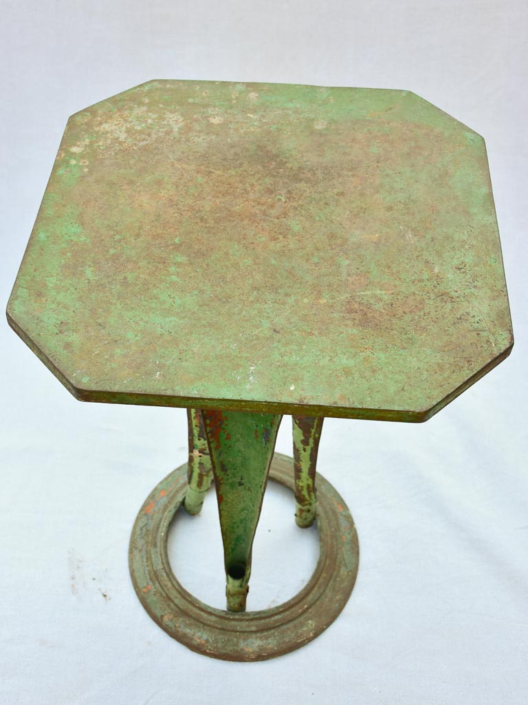 Square industrial bistro table from 1927 with green patina