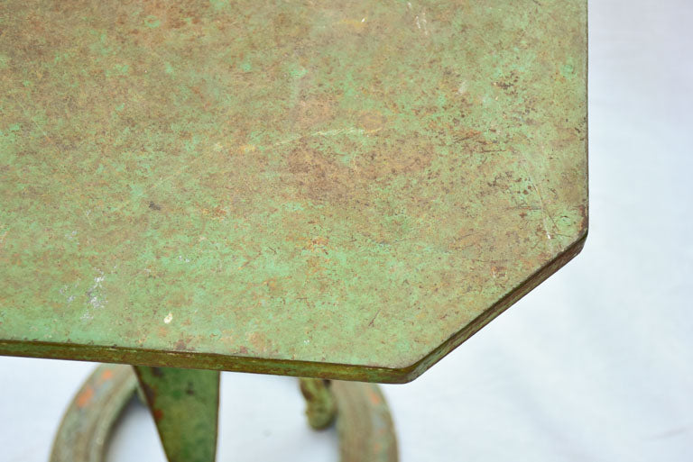 Square industrial bistro table from 1927 with green patina