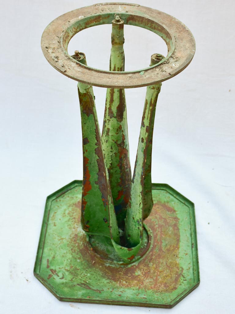 Square industrial bistro table from 1927 with green patina