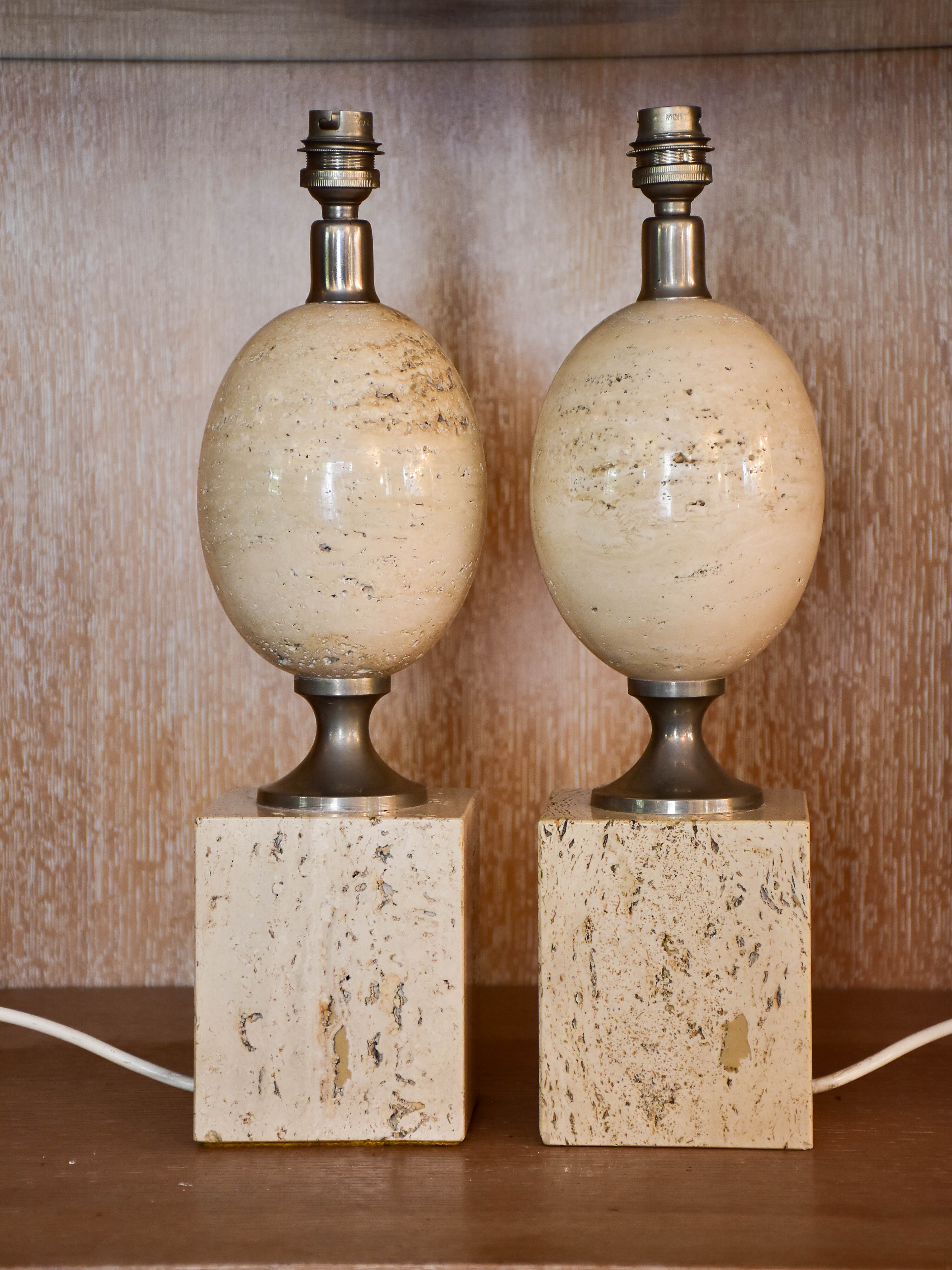 Pair of vintage Barbier travertine ostrich egg lamp bases