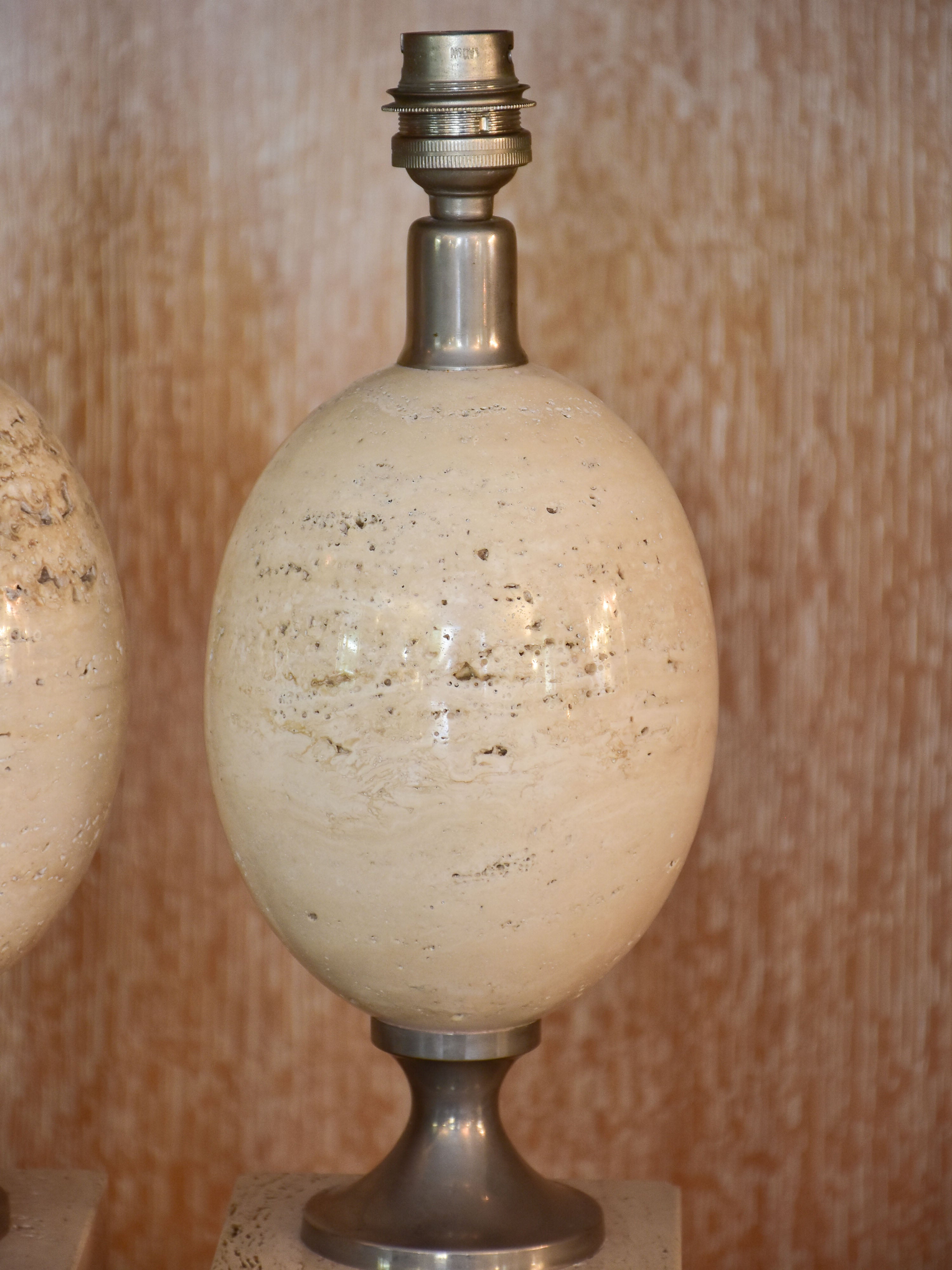 Pair of vintage Barbier travertine ostrich egg lamp bases