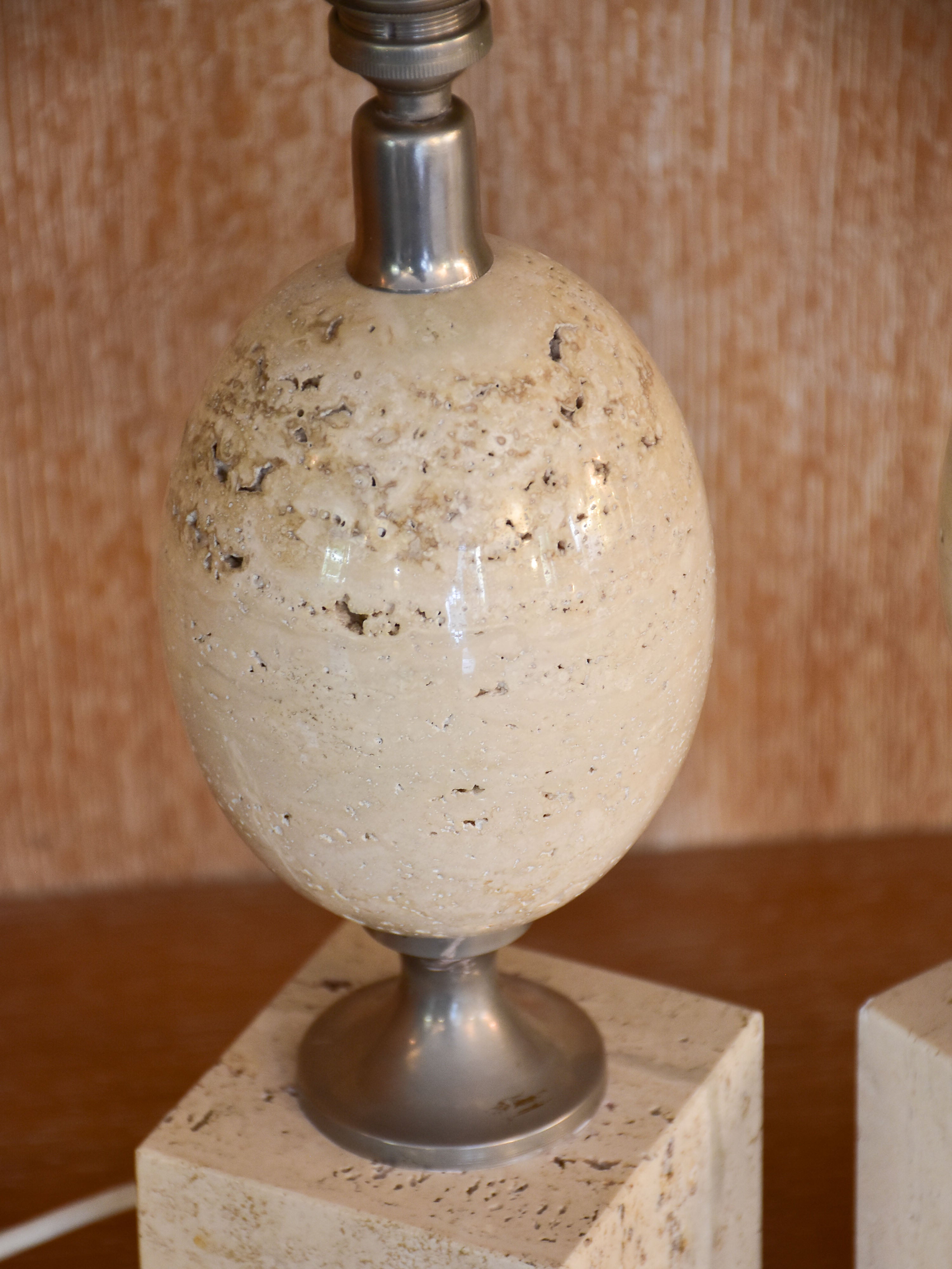 Pair of vintage Barbier travertine ostrich egg lamp bases